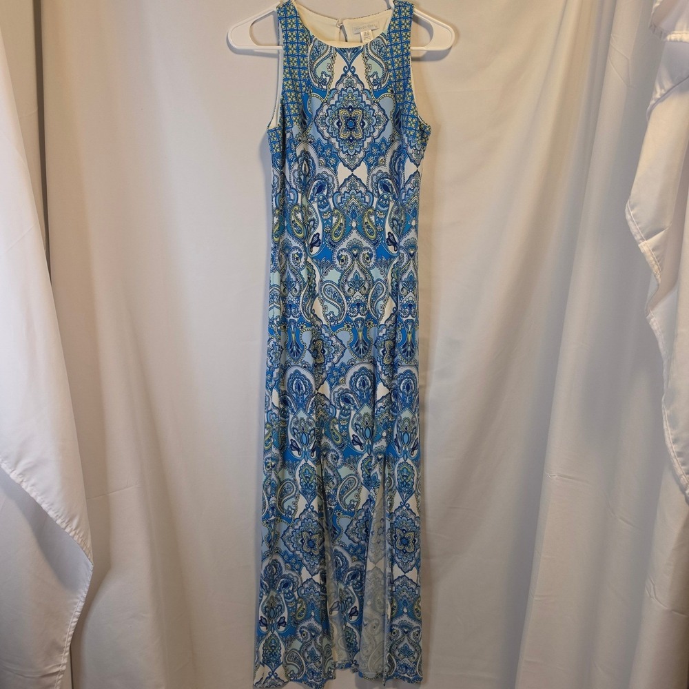 London Times Paisley Maxi‎ Dress 6 Blue Boho Mediterranean Sleeveless Slit